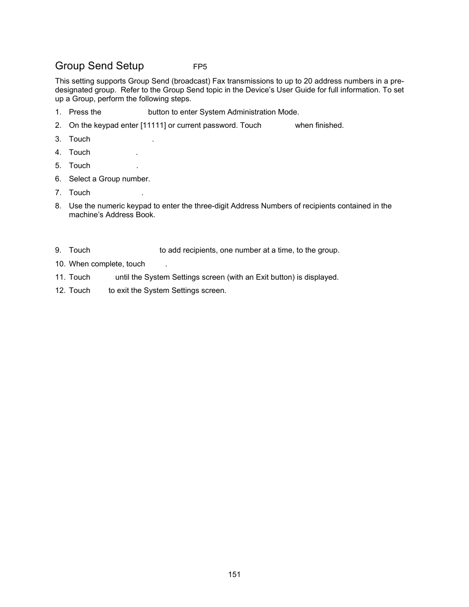 Group send setup fp5, Group send setup | Xerox 7245 User Manual | Page 151 / 300