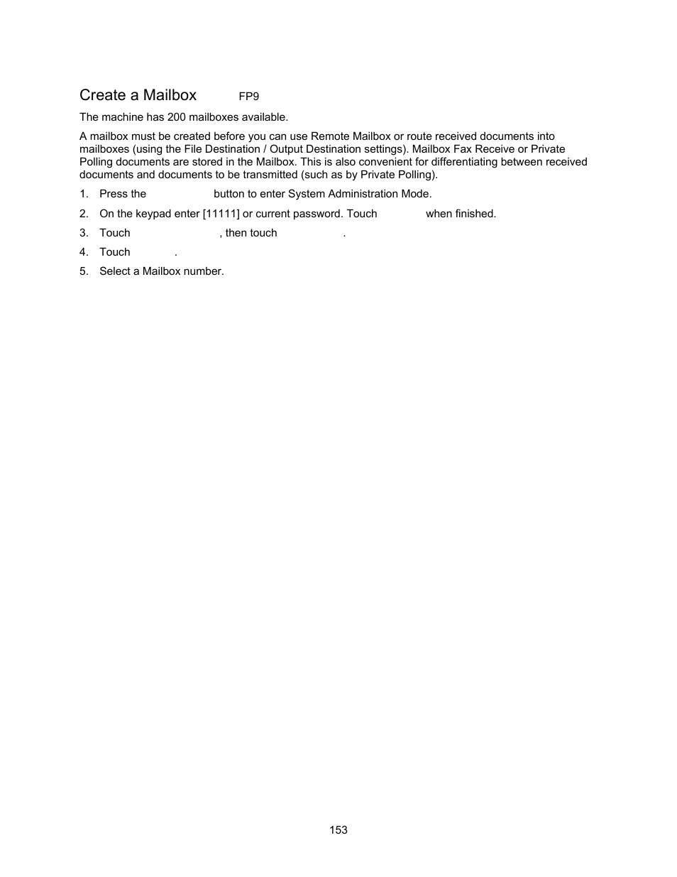 Create a mailbox fp9, Create a mailbox | Xerox 7245 User Manual | Page 153 / 300