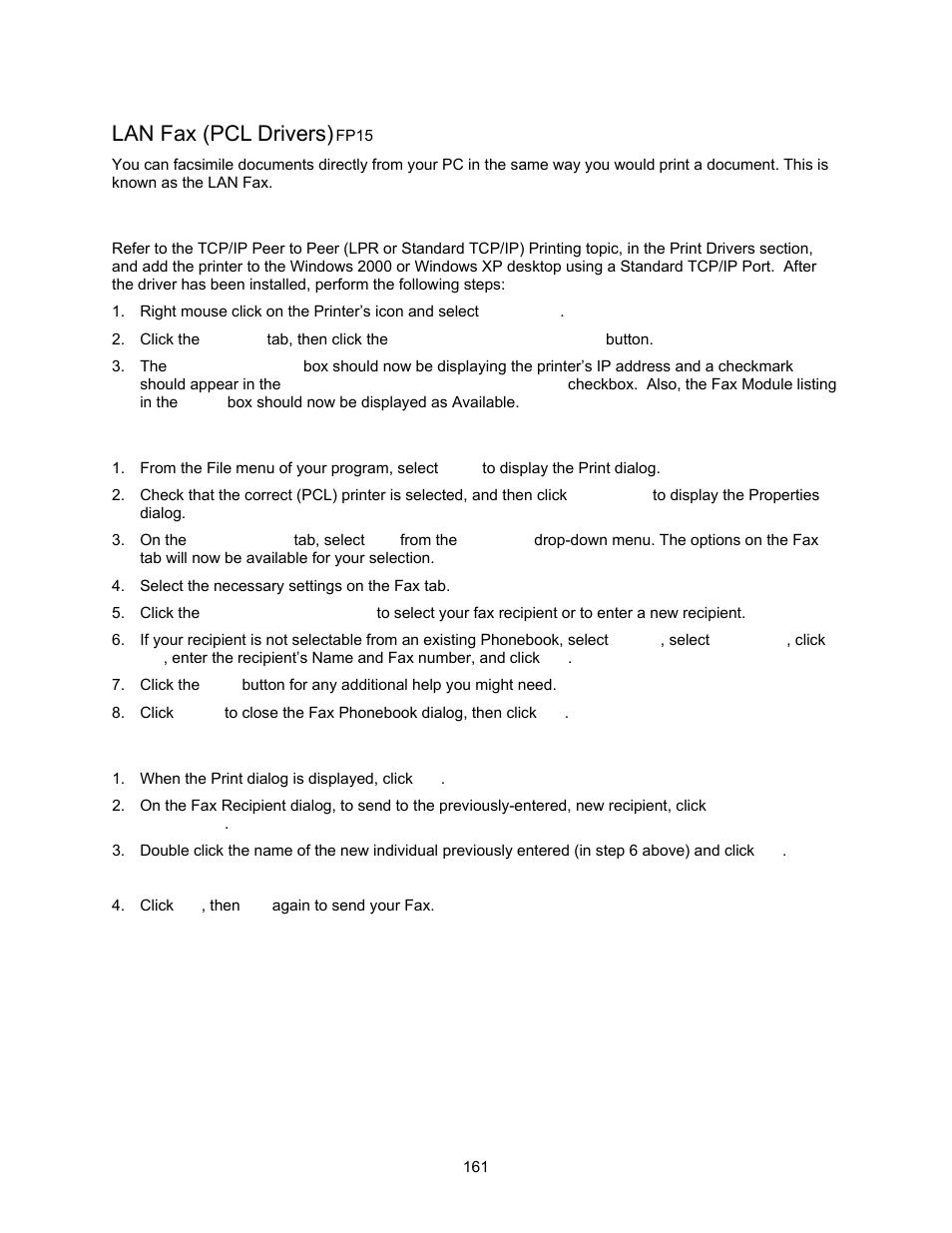 Lan fax (pcl drivers) fp15, Initial setup, Adding a recipient to a fax phonebook | Sending the fax, Lan fax (pcl drivers) | Xerox 7245 User Manual | Page 161 / 300