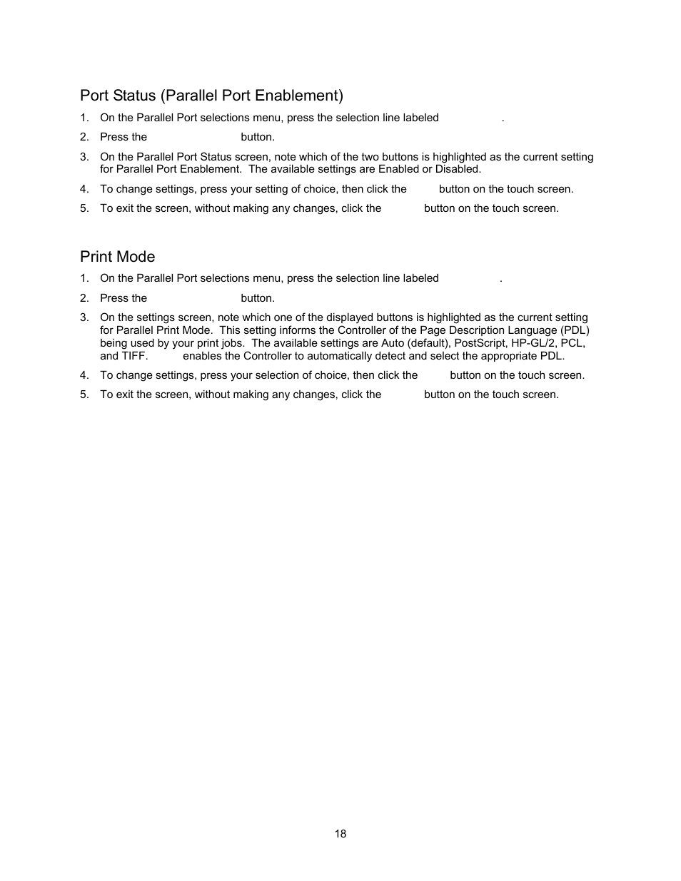 Port status (parallel port enablement), Print mode | Xerox 7245 User Manual | Page 18 / 300