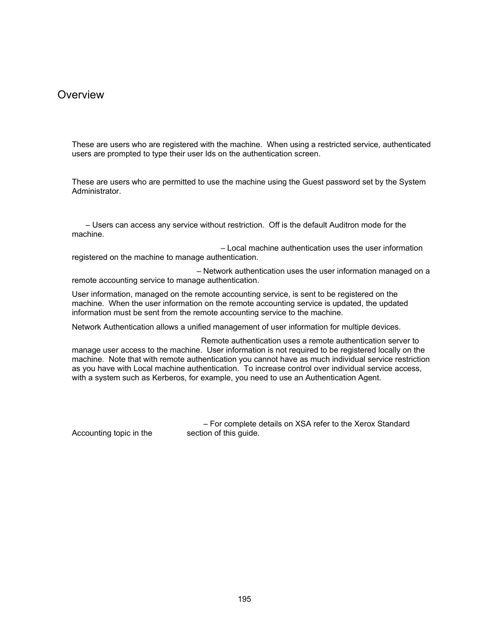 Overview, Users controlled by authentication, Authentication (auditron) modes | Xerox 7245 User Manual | Page 195 / 300