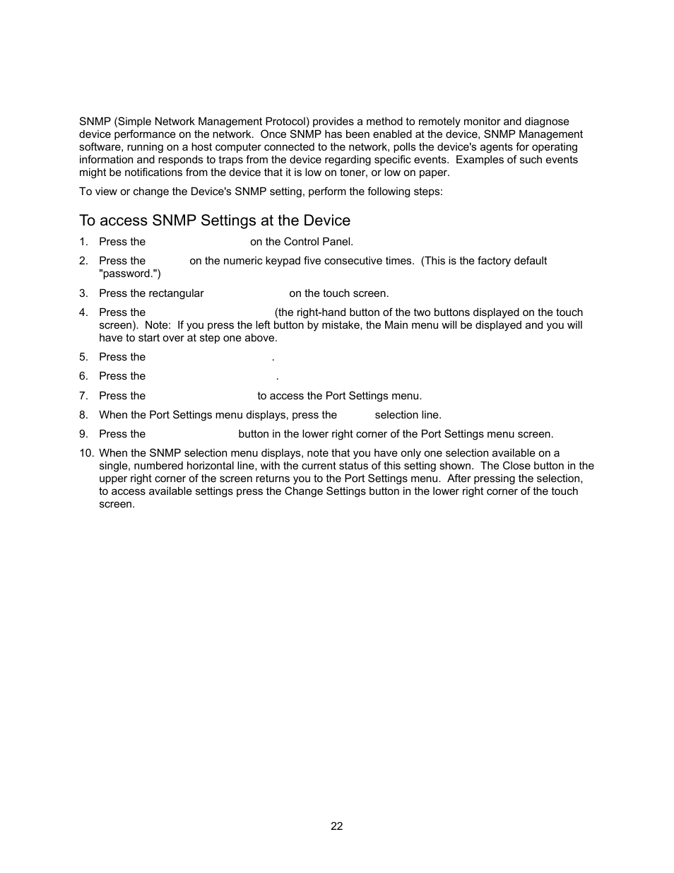 Snmp configuration a8, To access snmp settings at the device, Snmp configuration | Xerox 7245 User Manual | Page 22 / 300