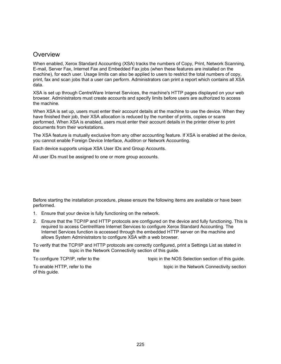 Xerox standard accounting, Overview, Installation checklist | Xerox 7245 User Manual | Page 225 / 300