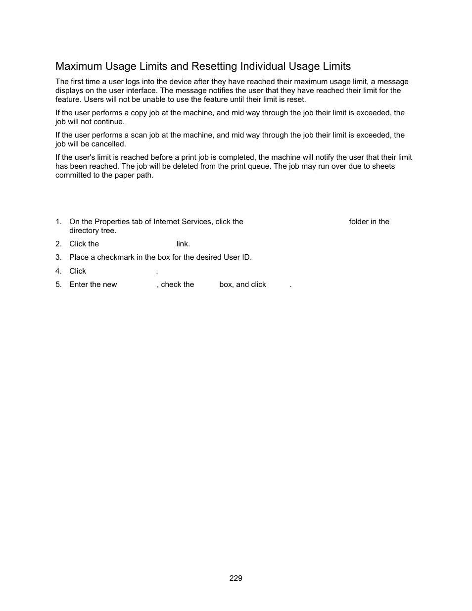 To reset user limits (if necessary) | Xerox 7245 User Manual | Page 229 / 300