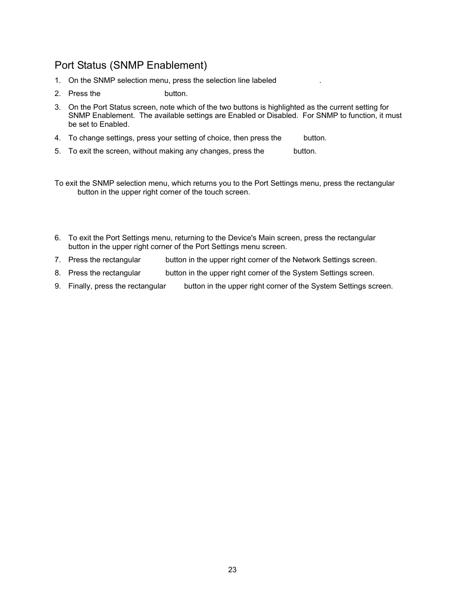 Port status (snmp enablement), Exiting the snmp selection menu | Xerox 7245 User Manual | Page 23 / 300