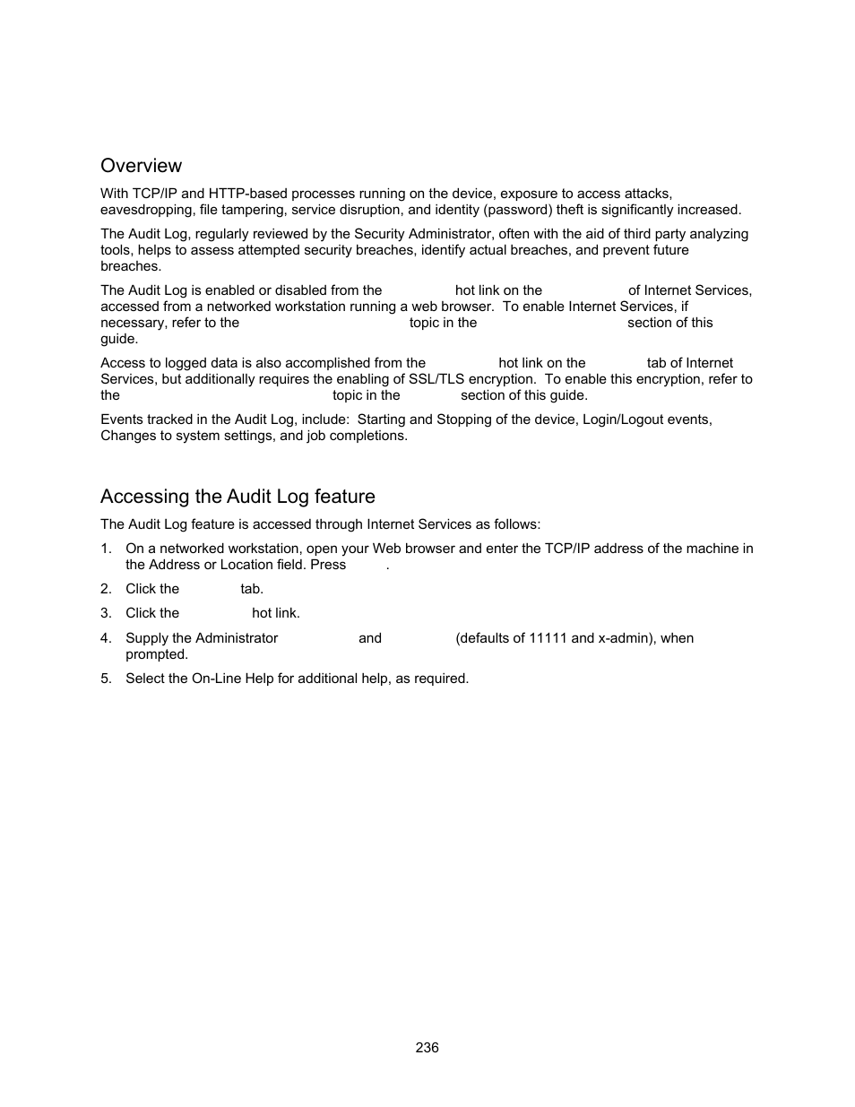 Audit log, Overview, Accessing the audit log feature | Xerox 7245 User Manual | Page 236 / 300