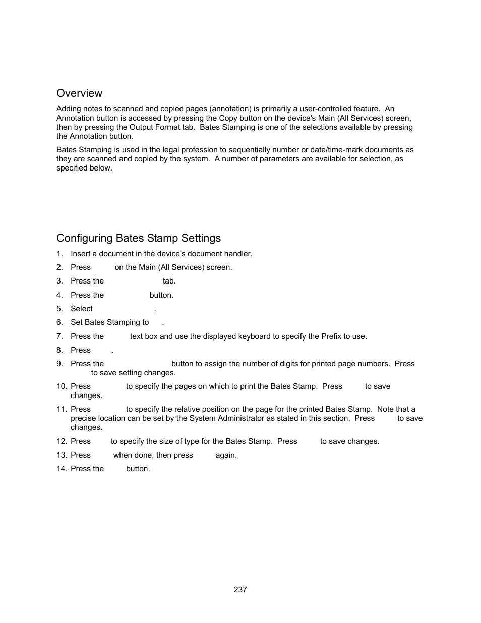 Annotation (bates stamping), Overview, Configuring bates stamp settings | Xerox 7245 User Manual | Page 237 / 300