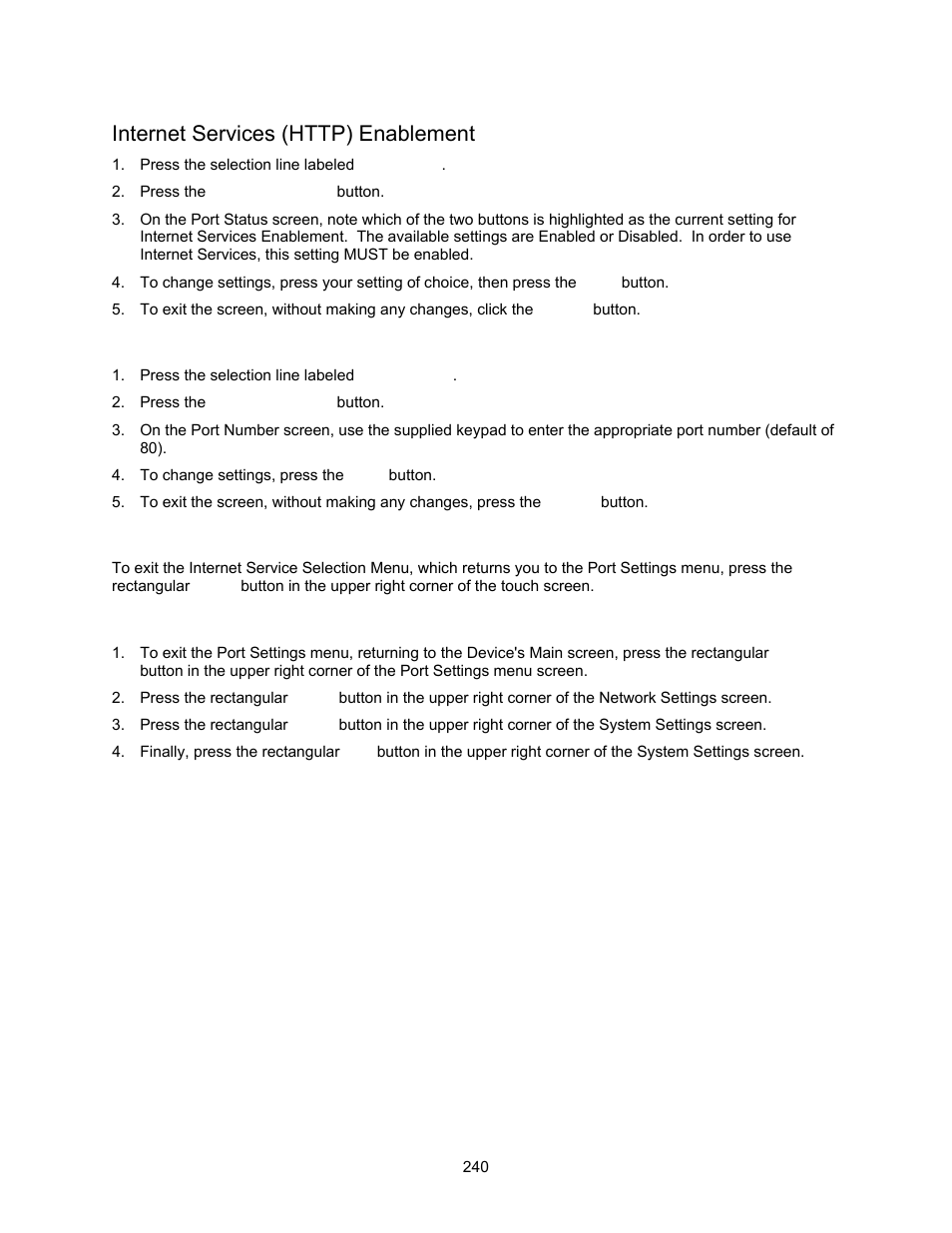 Internet services (http) enablement, Internet services port number, Exiting the internet services selection menu | Xerox 7245 User Manual | Page 240 / 300