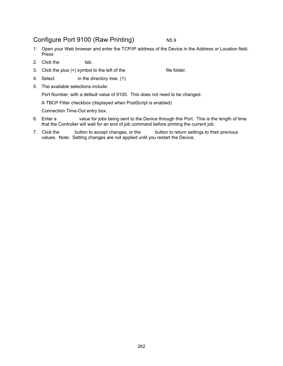 Configure port 9100 (raw printing) n5.9, Configure port 9100 (raw printing) | Xerox 7245 User Manual | Page 262 / 300