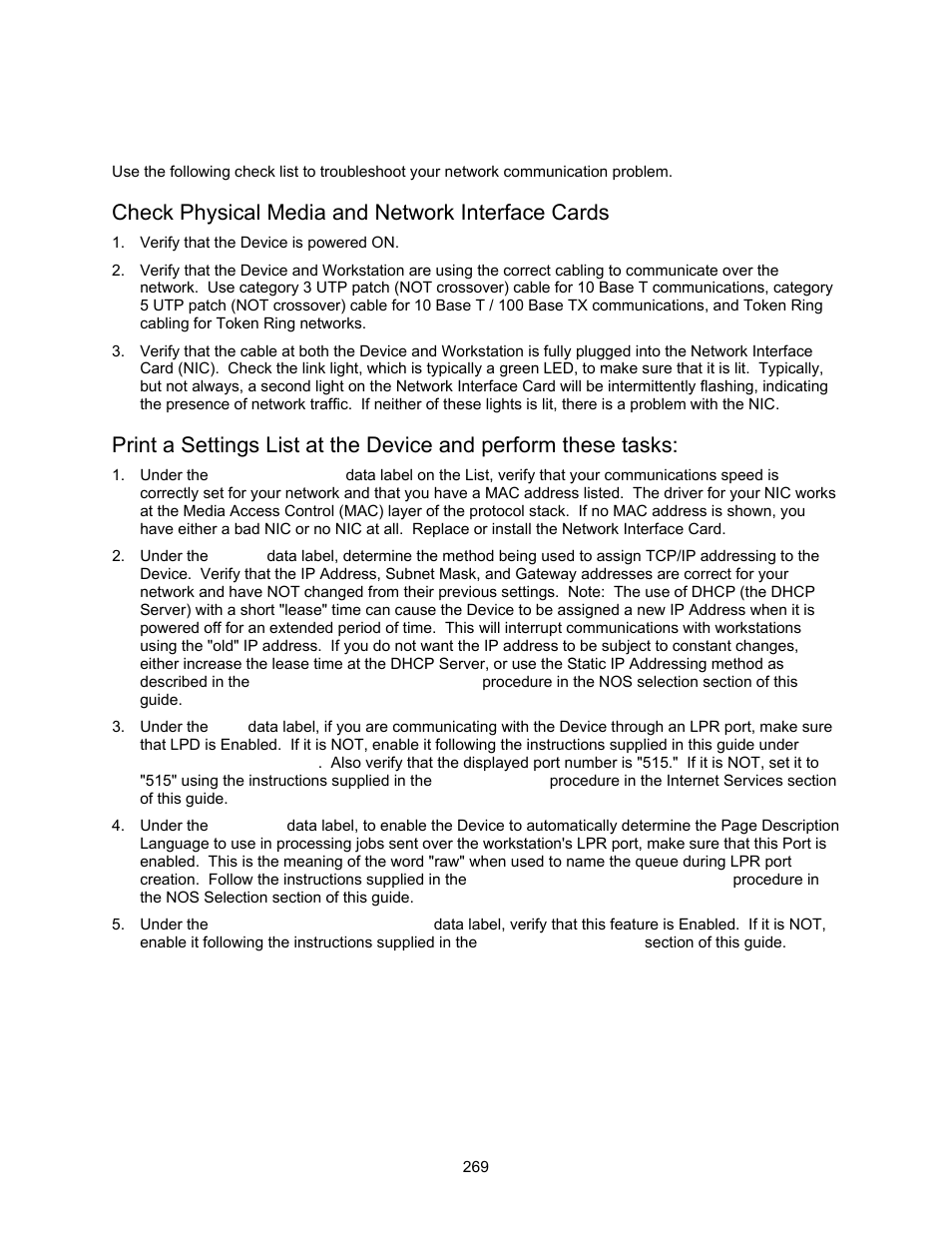 Tcp/ip troubleshooting t1, Check physical media and network interface cards, Tcp/ip troubleshooting | Xerox 7245 User Manual | Page 269 / 300