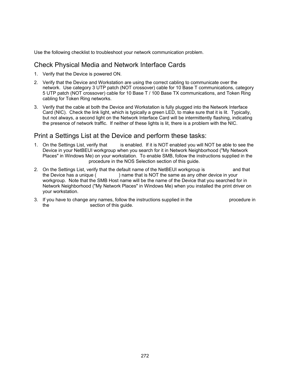 Netbeui troubleshooting t2, Check physical media and network interface cards, Netbeui troubleshooting | Xerox 7245 User Manual | Page 272 / 300