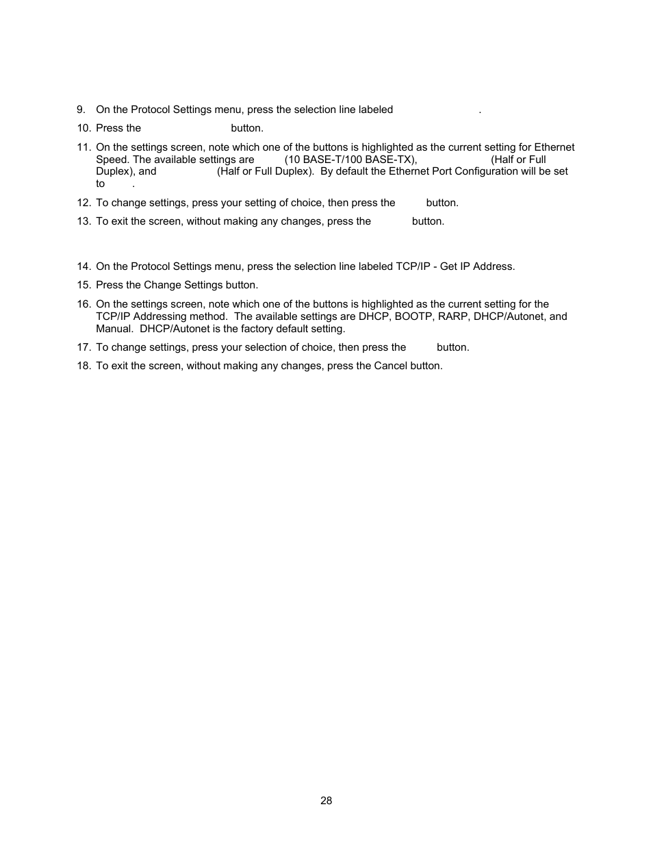 Ethernet setting (ethernet speed), Get ip address (tcp/ip addressing method) | Xerox 7245 User Manual | Page 28 / 300