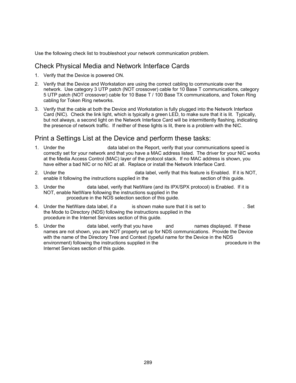 Netware 4.x, 5.x (nds) troubleshooting t6, Check physical media and network interface cards, Netware 4.x, 5.x (nds) troubleshooting | Xerox 7245 User Manual | Page 289 / 300