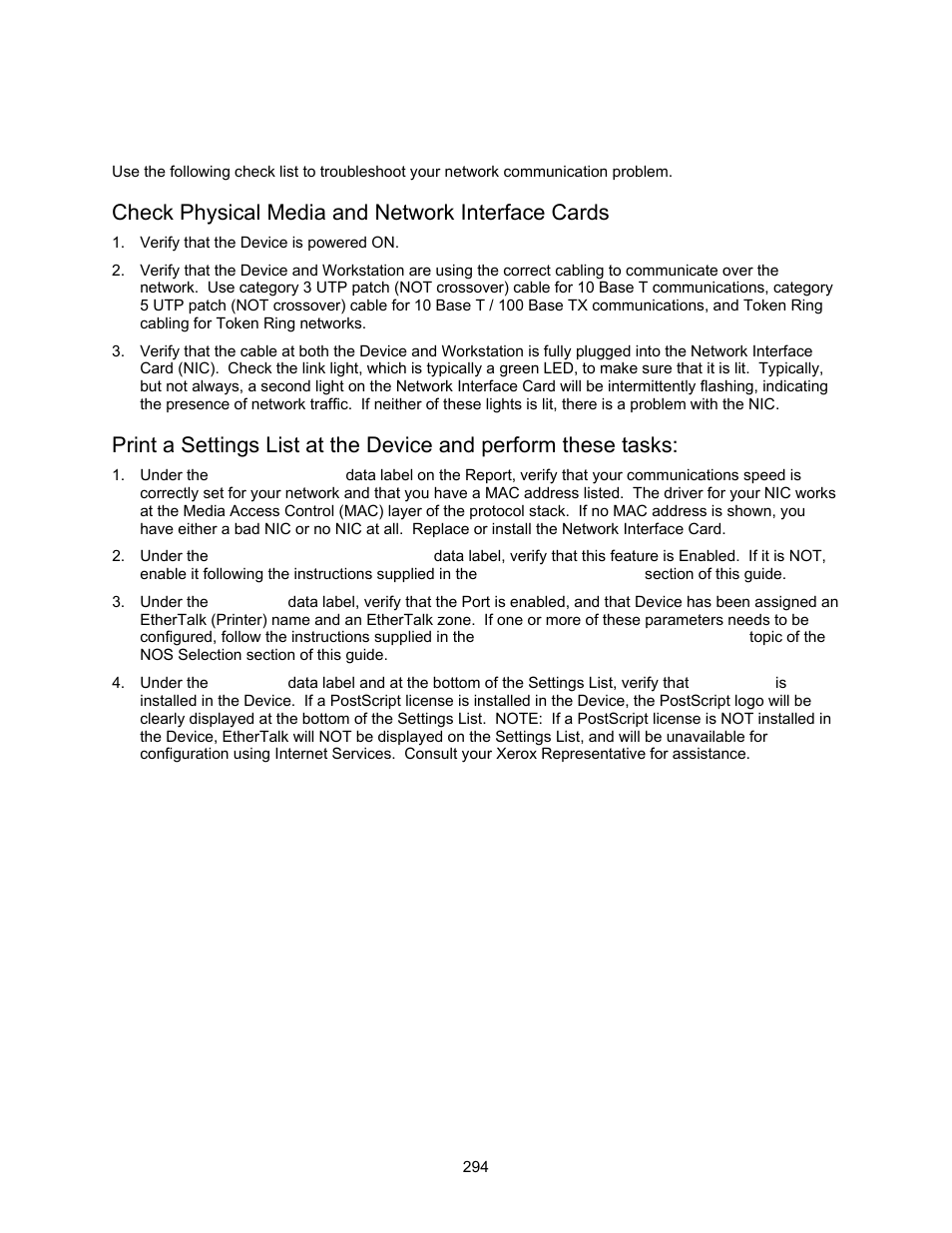 Ethertalk troubleshooting t7, Check physical media and network interface cards, Ethertalk troubleshooting | Xerox 7245 User Manual | Page 294 / 300