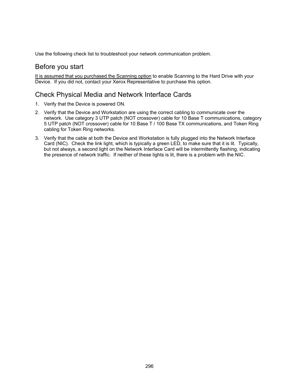 Scanning to hard drive troubleshooting t8, Before you start, Check physical media and network interface cards | Scanning to hard drive troubleshooting | Xerox 7245 User Manual | Page 296 / 300