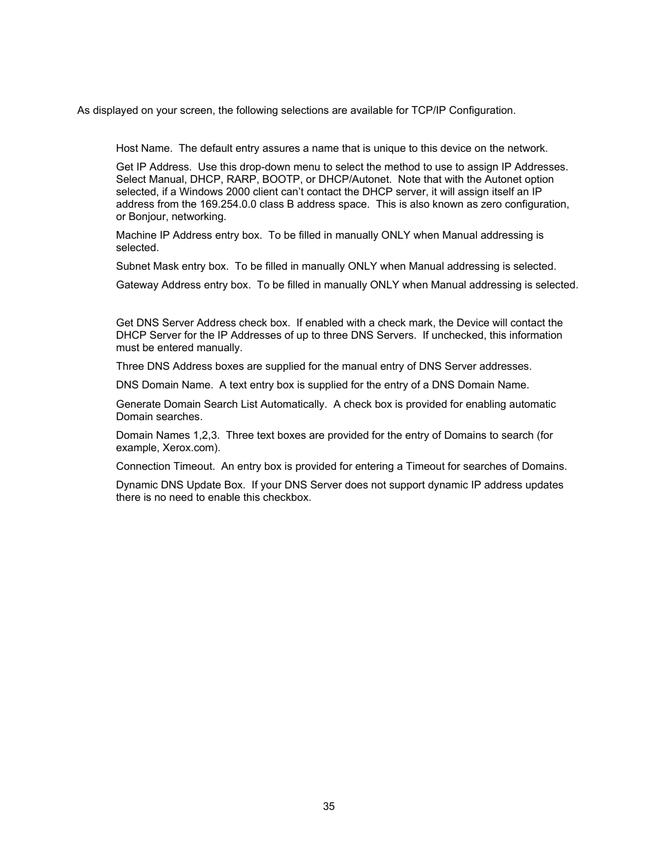 Tcp/ip configuration selection list | Xerox 7245 User Manual | Page 35 / 300