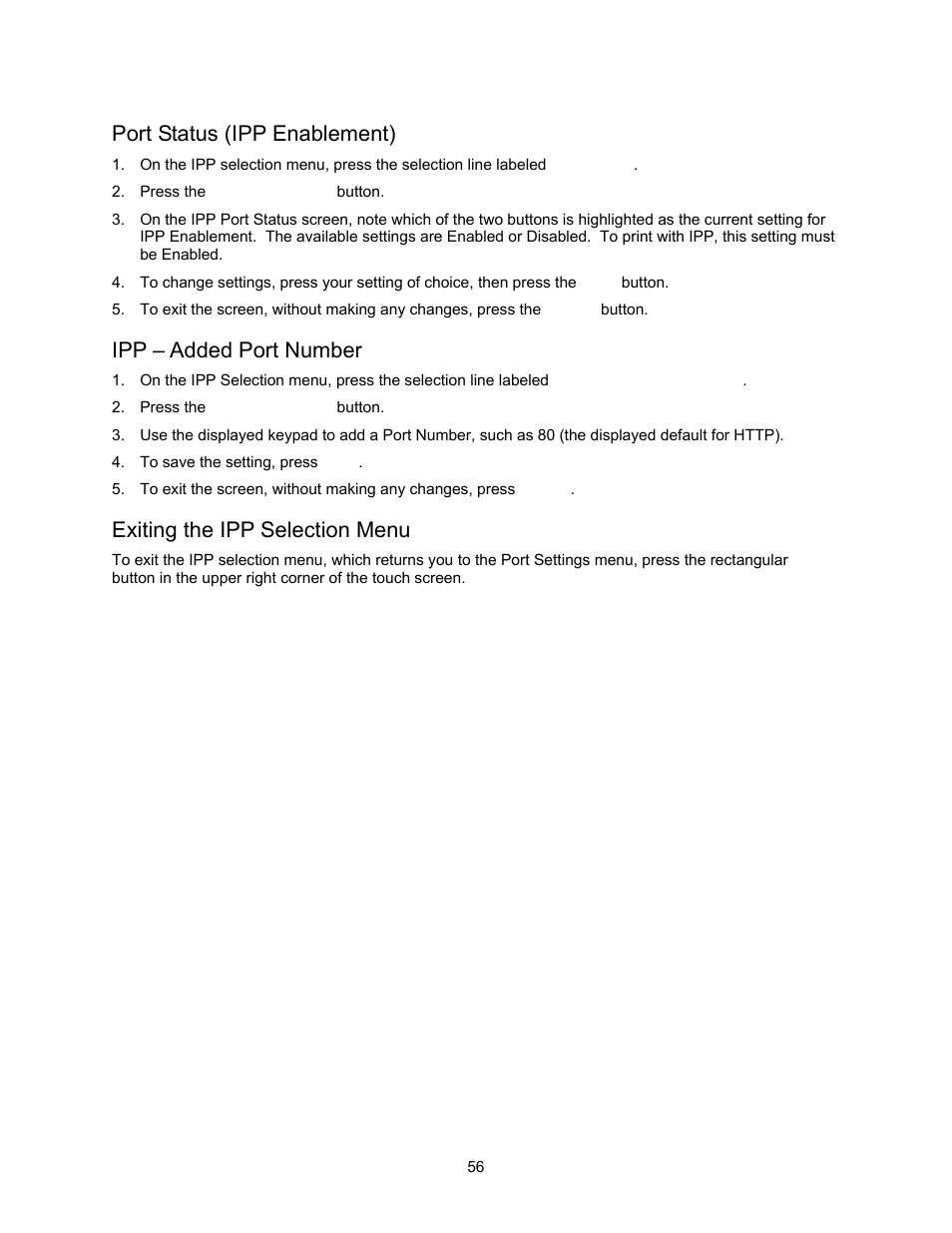 Port status (ipp enablement), Ipp – added port number, Exiting the ipp selection menu | Xerox 7245 User Manual | Page 56 / 300