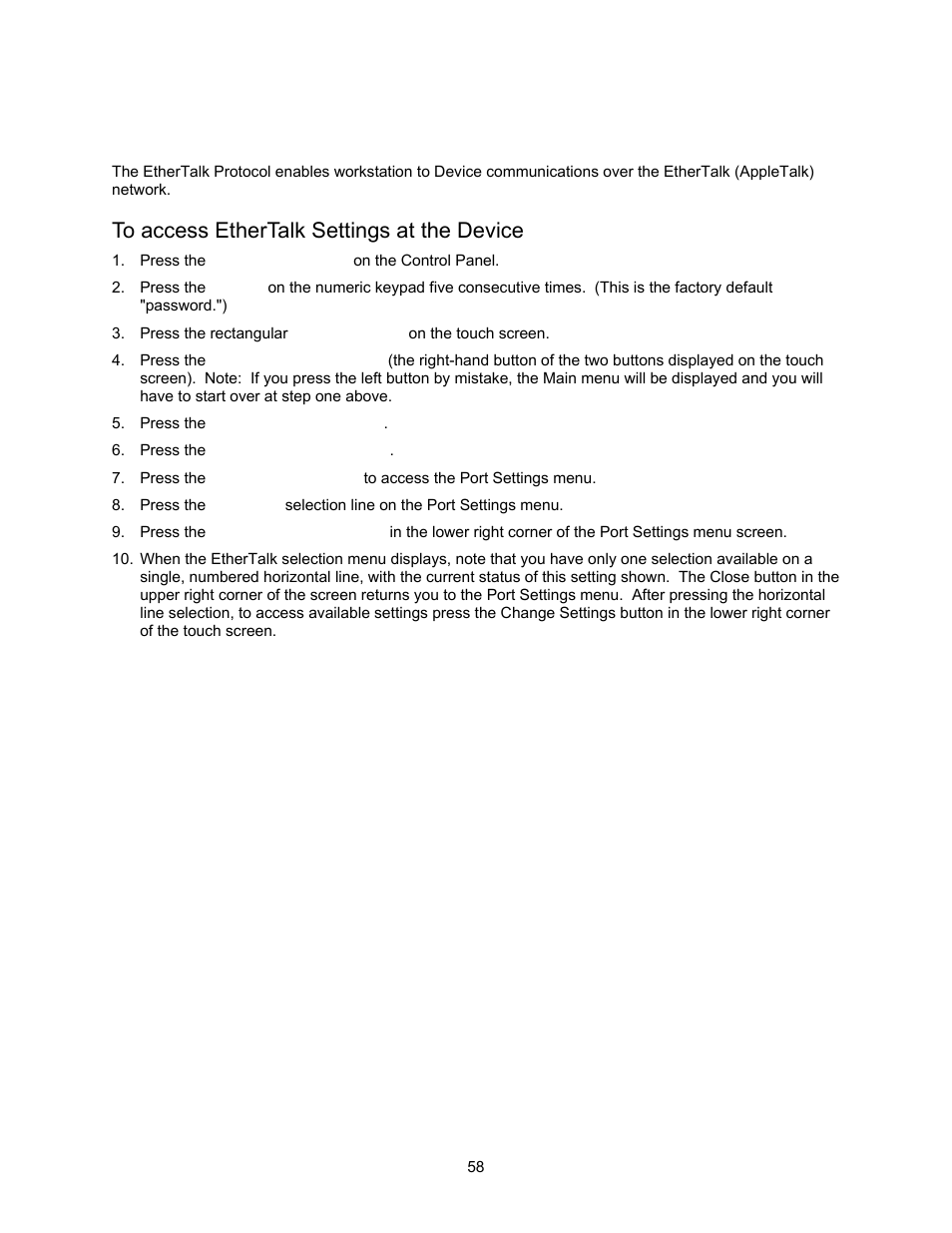 Ethertalk (appletalk) configuration b7, To access ethertalk settings at the device, Ethertalk (appletalk) configuration | Xerox 7245 User Manual | Page 58 / 300