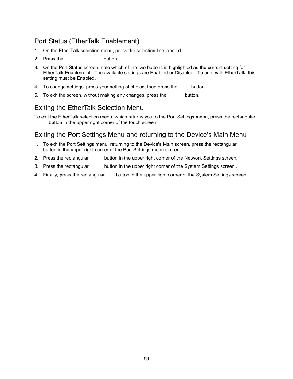 Port status (ethertalk enablement), Exiting the ethertalk selection menu | Xerox 7245 User Manual | Page 59 / 300