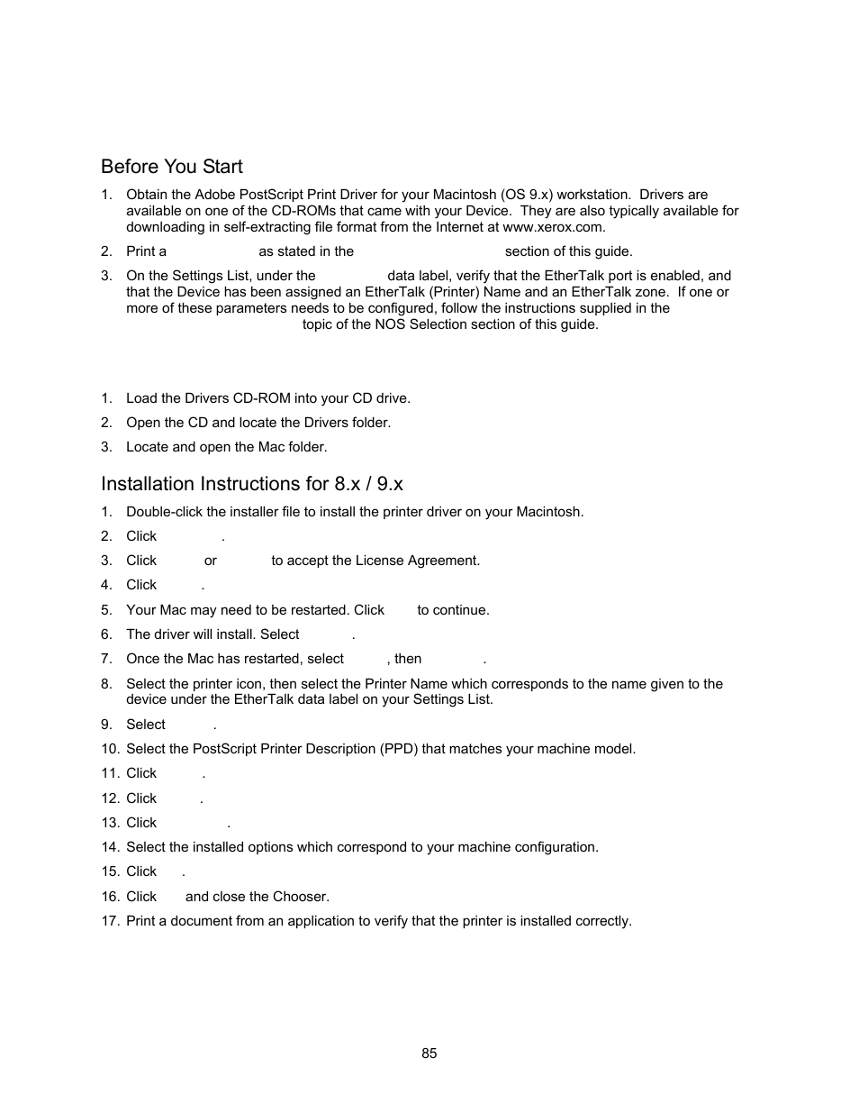 Ethertalk (appletalk) peer to peer printing d8, Before you start, Installation instructions for 8.x / 9.x | Ethertalk (appletalk) peer to peer printing | Xerox 7245 User Manual | Page 85 / 300