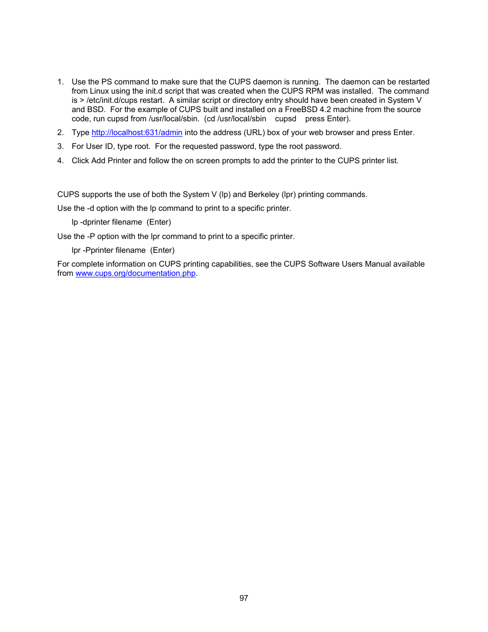 Adding the xerox printer, Printing with cups | Xerox 7245 User Manual | Page 97 / 300