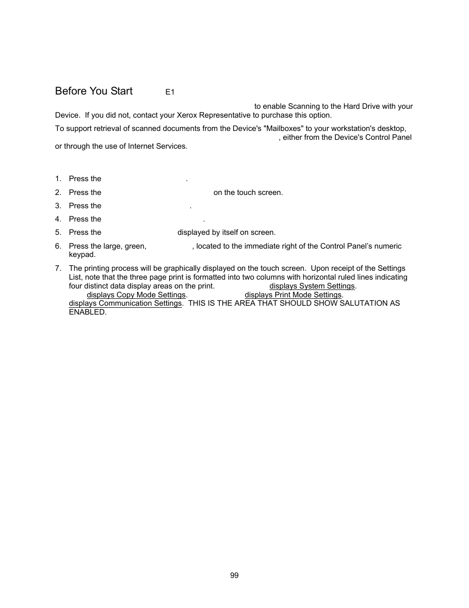 Scanning to the device’s hard drive, Before you start e1, Before you start | Xerox 7245 User Manual | Page 99 / 300