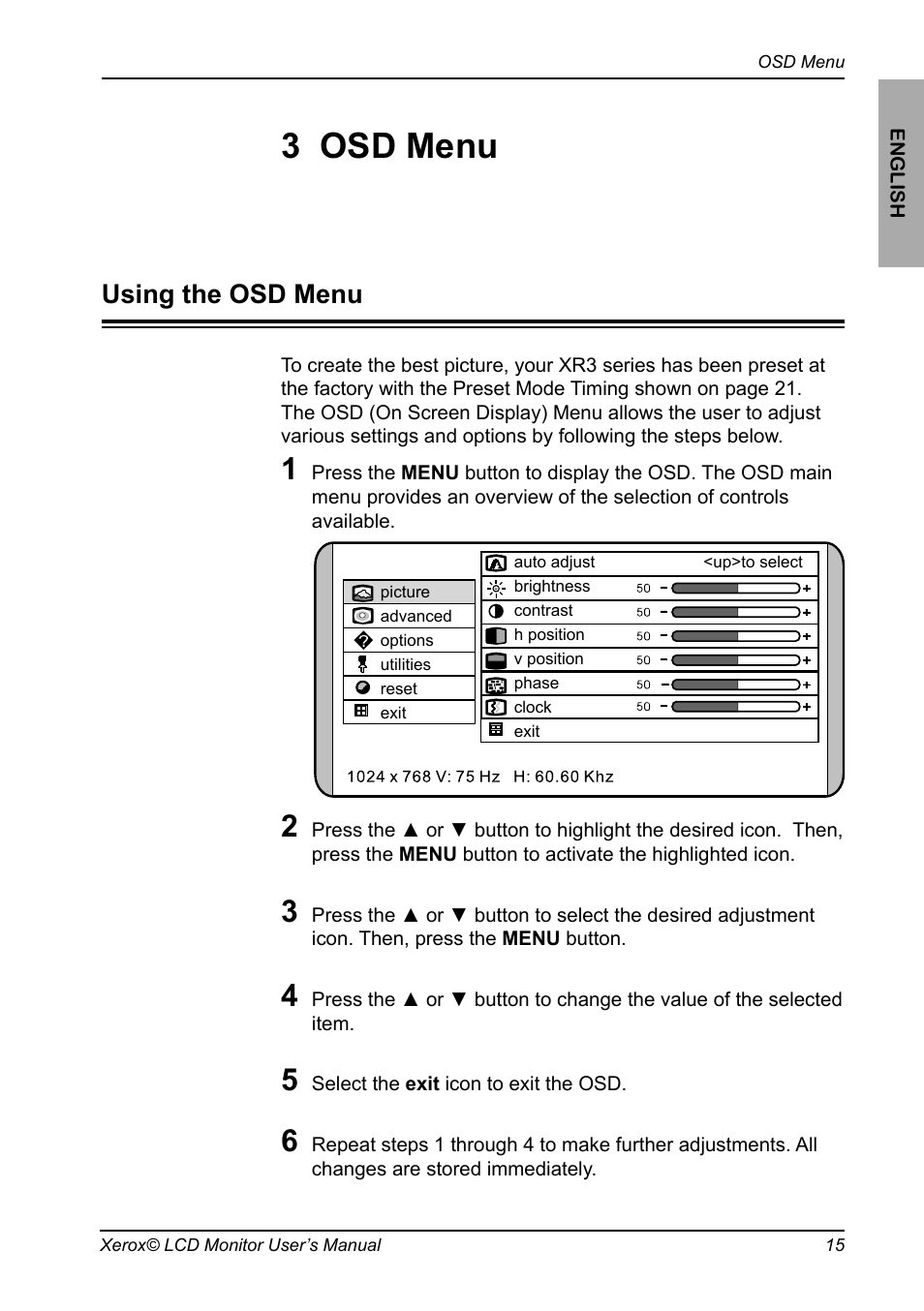 Chapter 3, Osd menu, Using the osd menu | 3 osd menu | Xerox XR3 Series User Manual | Page 16 / 27
