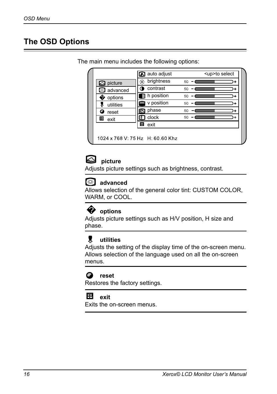 The osd options | Xerox XR3 Series User Manual | Page 17 / 27