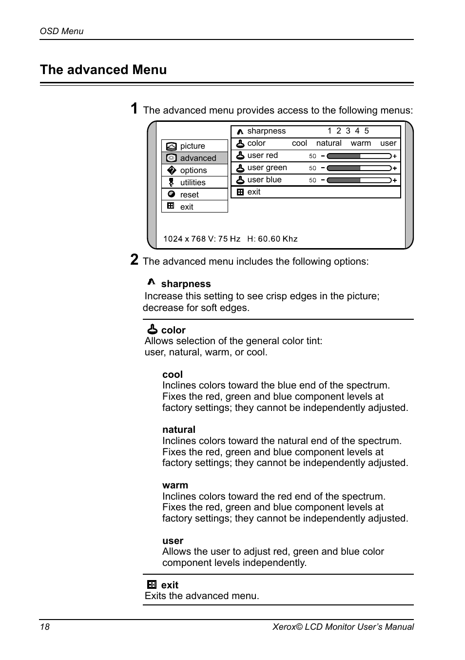 The osd options, The picture options, The advanced options | The options options, The advanced menu | Xerox XR3 Series User Manual | Page 19 / 27