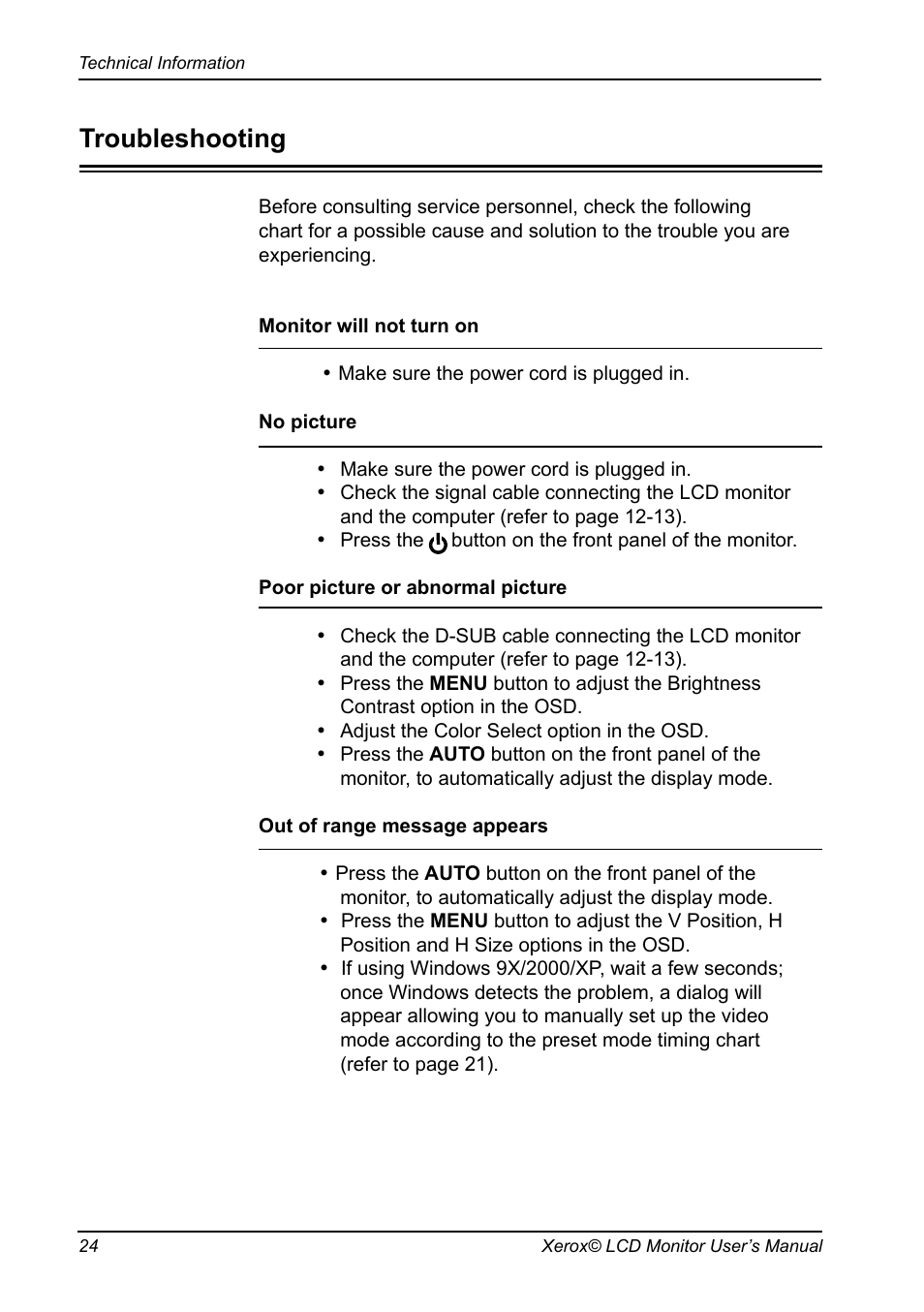 Troubleshooting, Speciﬁcations | Xerox XR3 Series User Manual | Page 25 / 27