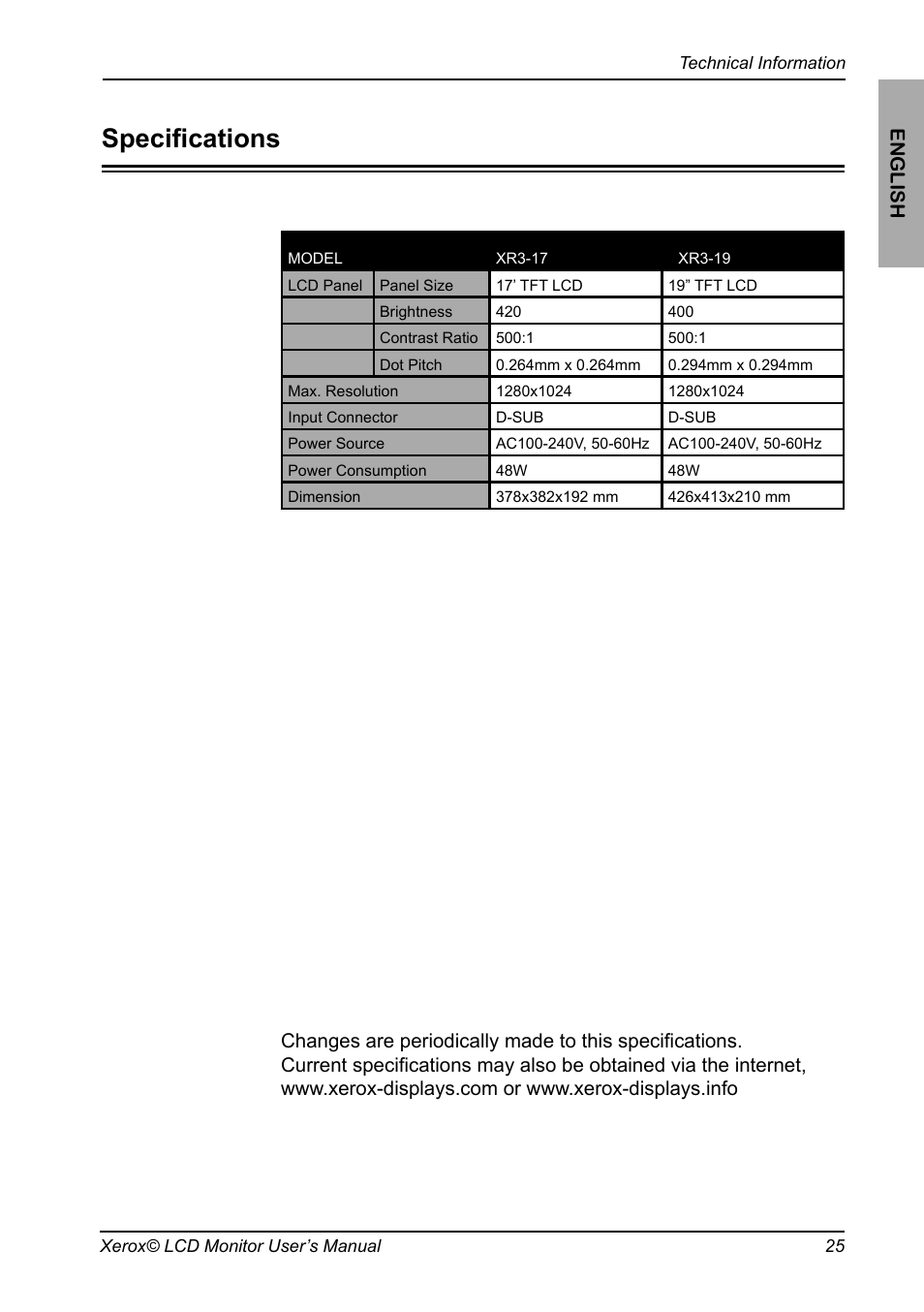 Speciﬁcations, English | Xerox XR3 Series User Manual | Page 26 / 27