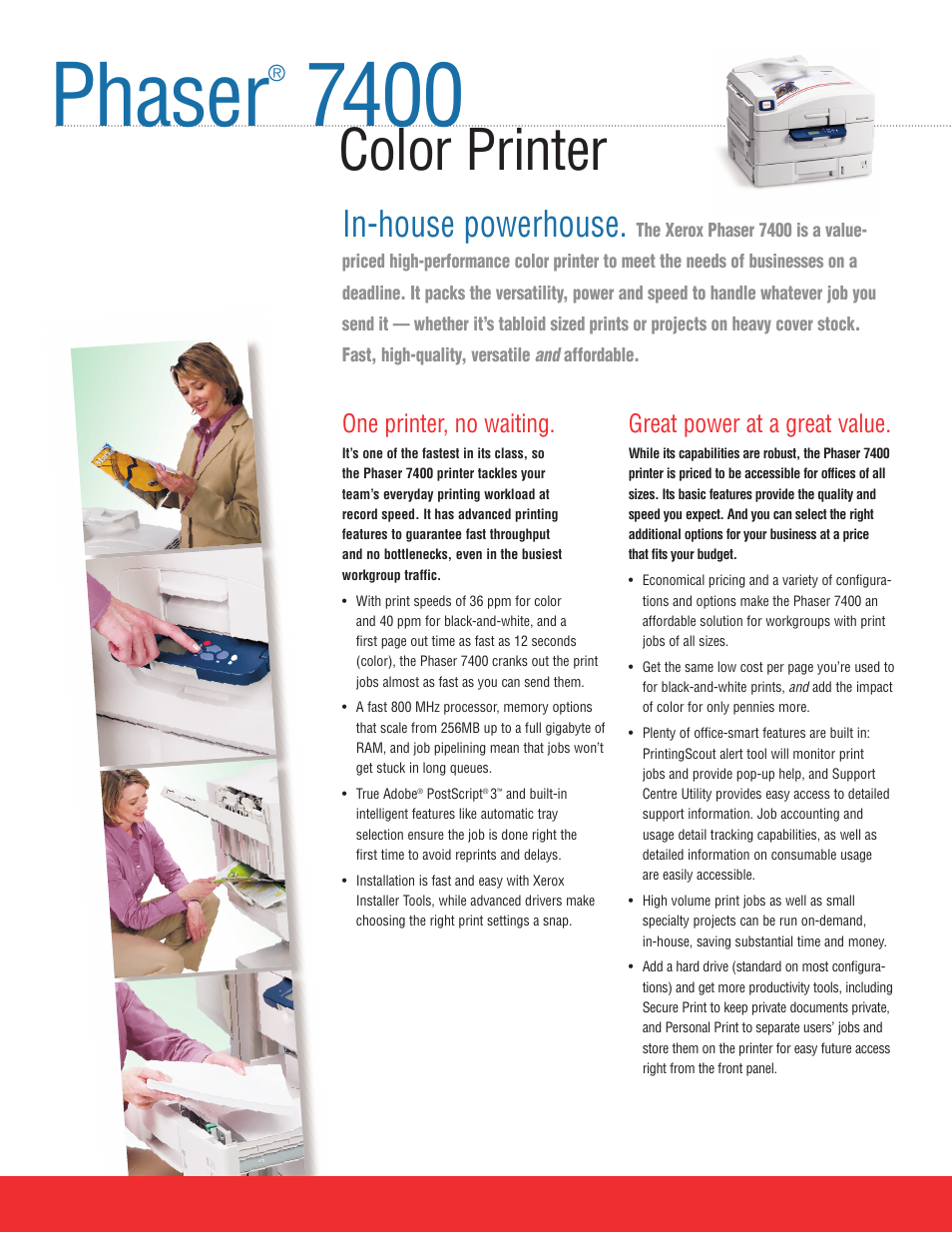 Phaser, Color printer, In-house powerhouse | One printer, no waiting, Great power at a great value | Xerox 7400 User Manual | Page 2 / 4