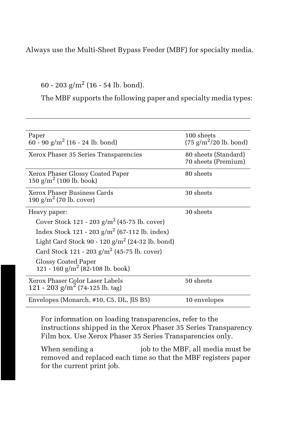Multi-sheet bypass feeder (mbf), Media specifics | Xerox 1235 User Manual | Page 42 / 88
