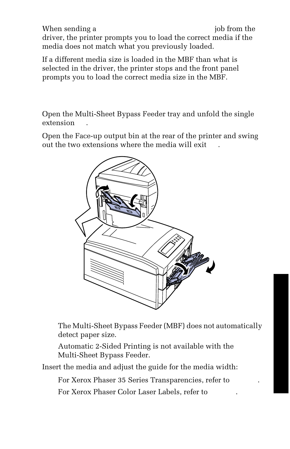 Loading the multi-sheet bypass feeder (mbf) | Xerox 1235 User Manual | Page 43 / 88