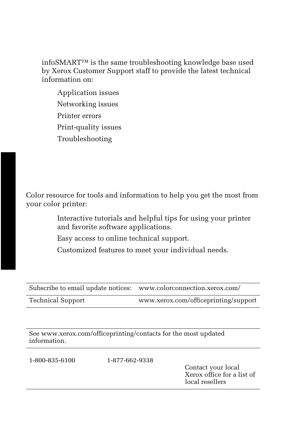 Infosmart™ knowledge base, Color connection, Other online services | Infosmart ™ knowledge base, Other online services to find a local reseller | Xerox 1235 User Manual | Page 72 / 88
