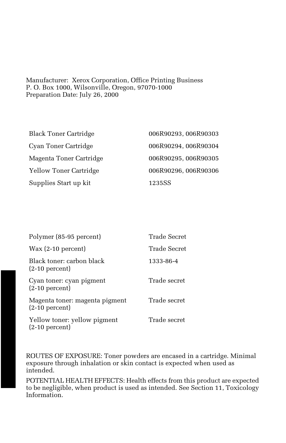 Specifications, Material safety data sheets color toner cartridges | Xerox 1235 User Manual | Page 74 / 88