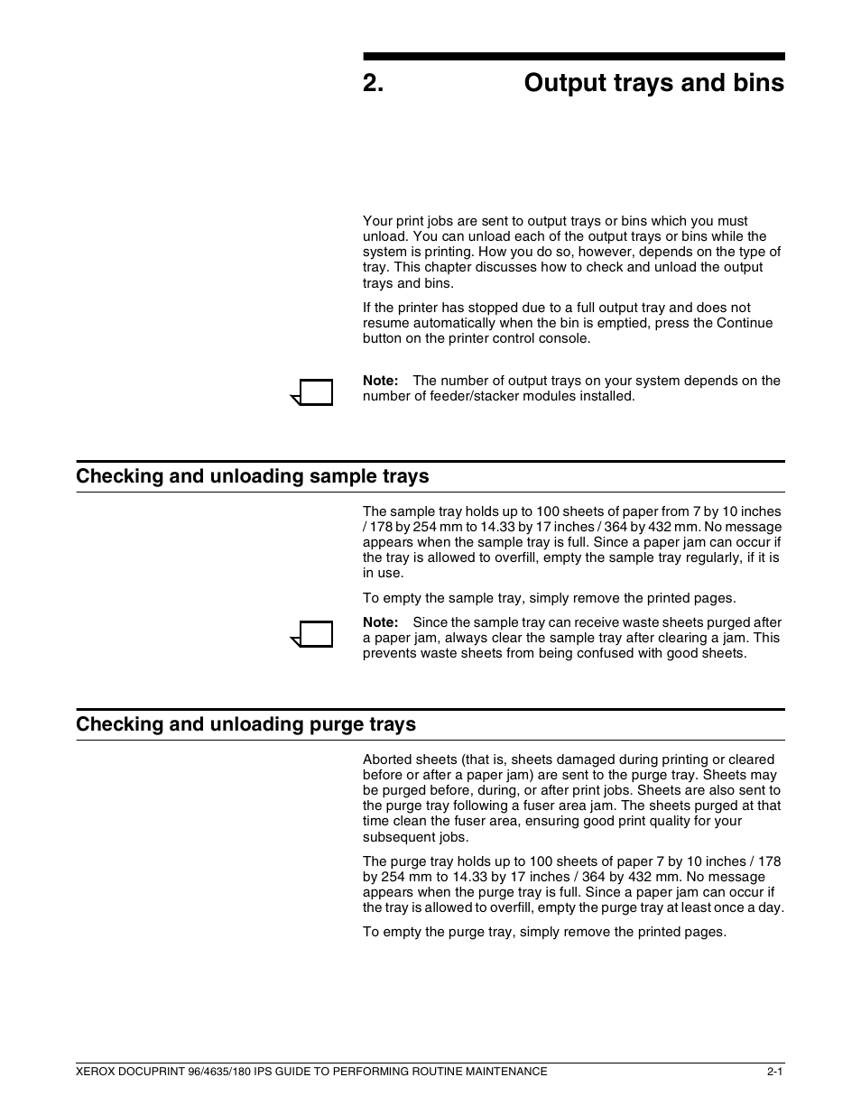 2output trays and bins, Checking and unloading sample trays, Checking and unloading purge trays | Xerox 96/4635/180 IPS User Manual | Page 21 / 51