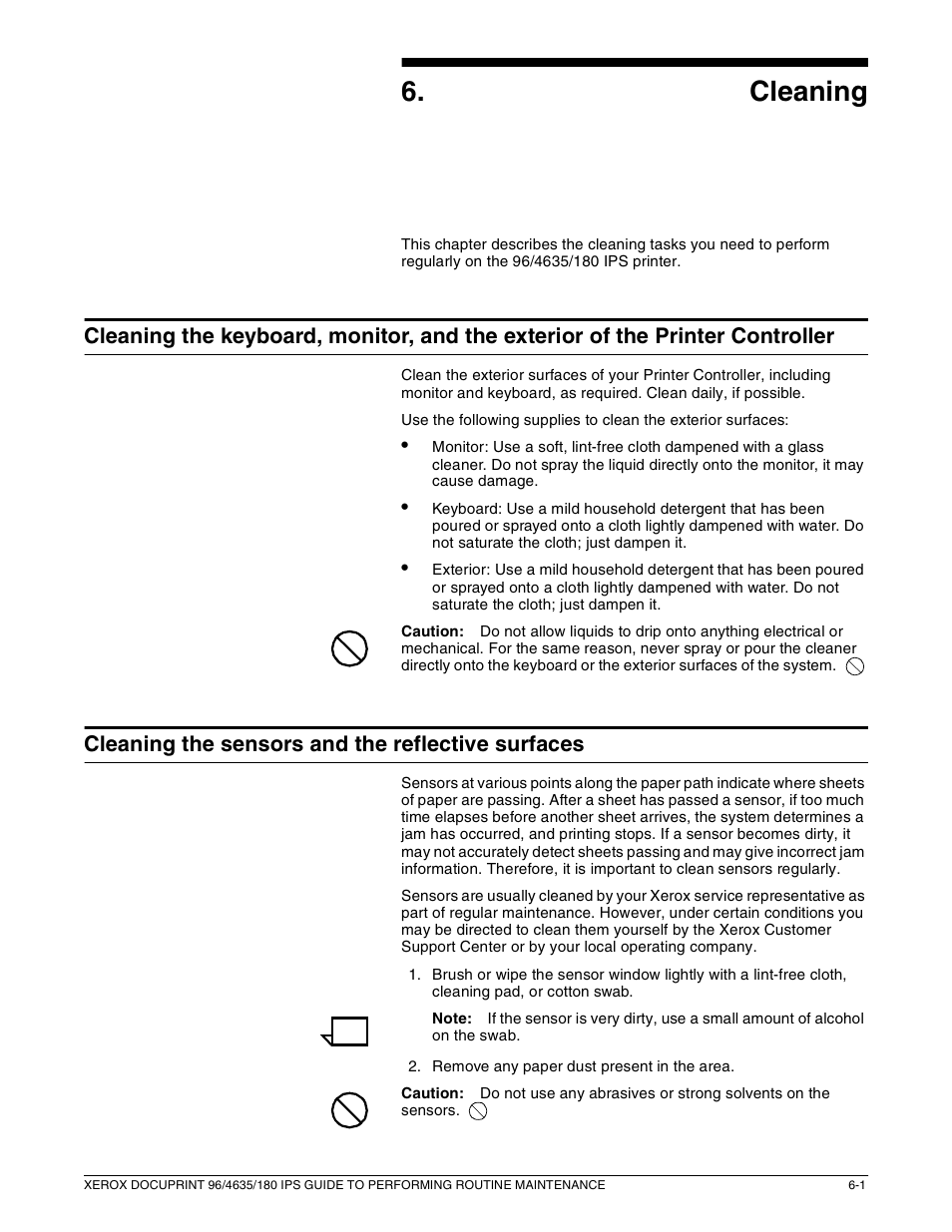 6cleaning, Cleaning the sensors and the reflective surfaces | Xerox 96/4635/180 IPS User Manual | Page 37 / 51