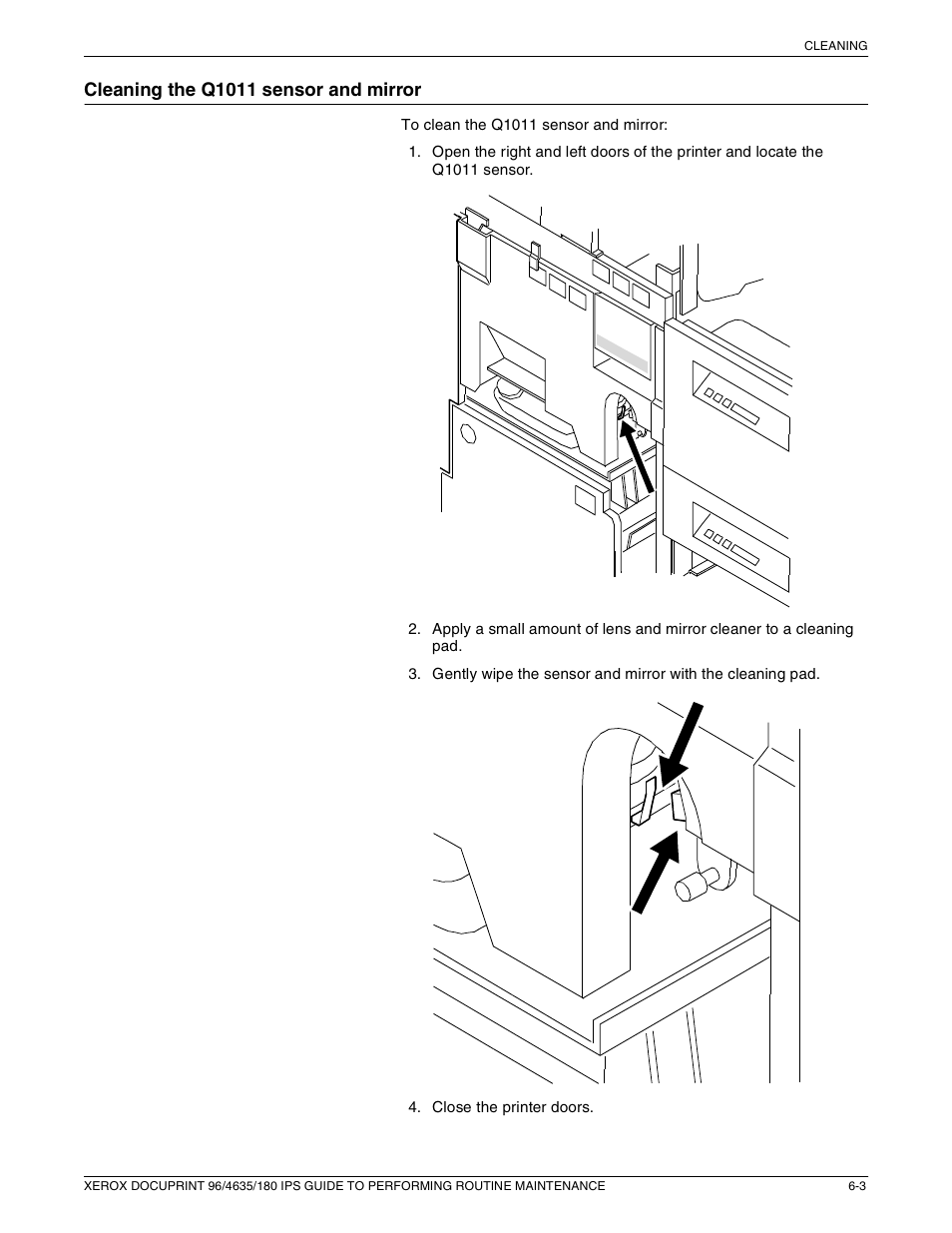Cleaning the q1011 sensor and mirror | Xerox 96/4635/180 IPS User Manual | Page 39 / 51