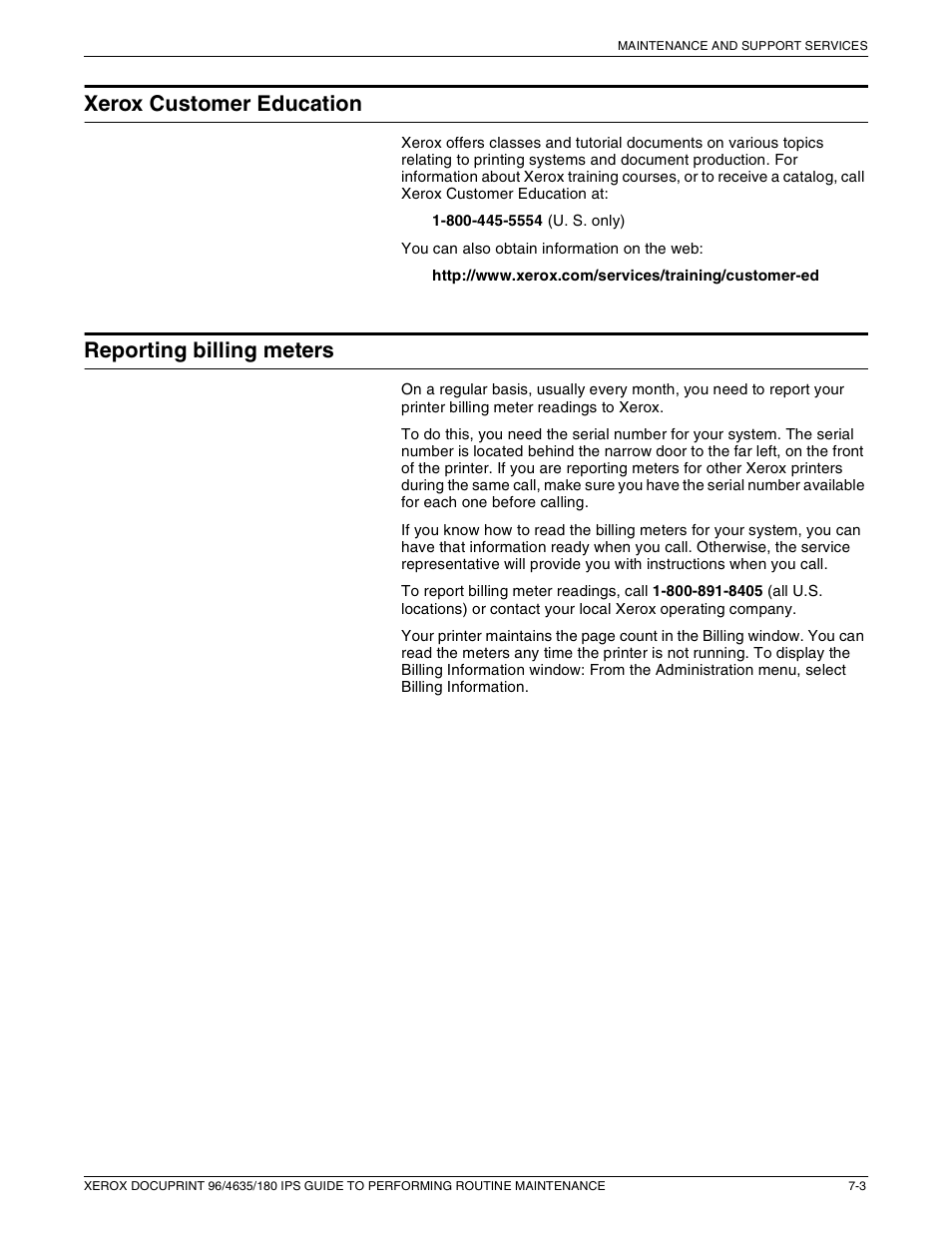 Xerox customer education, Reporting billing meters | Xerox 96/4635/180 IPS User Manual | Page 47 / 51