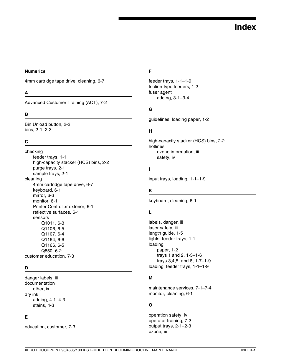 Index | Xerox 96/4635/180 IPS User Manual | Page 49 / 51