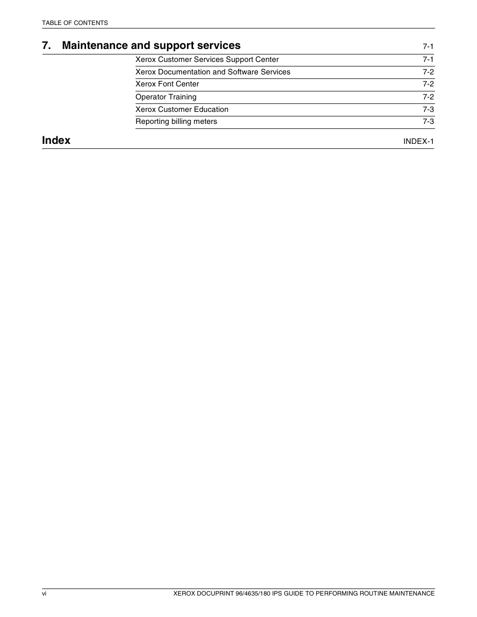 Maintenance and support services, Index | Xerox 96/4635/180 IPS User Manual | Page 6 / 51
