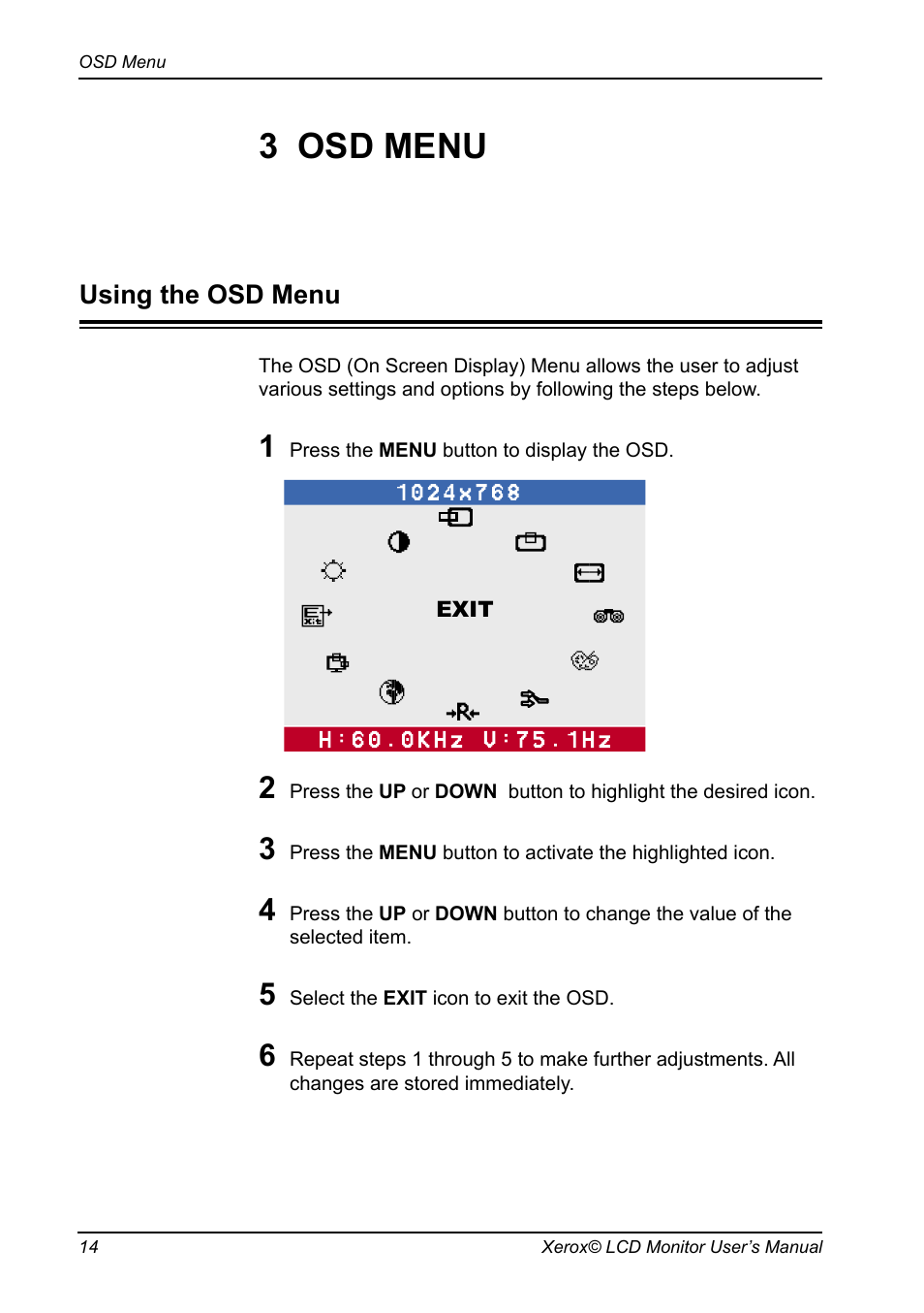 Chapter 3, Osd menu, Using the osd menu | 3 osd menu | Xerox XA7 SERIES User Manual | Page 15 / 23