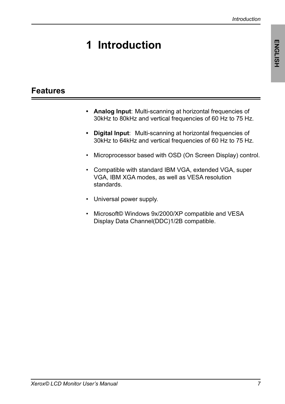 Chapter 1, Introduction, 1 introduction | Features | Xerox XA7 SERIES User Manual | Page 8 / 23