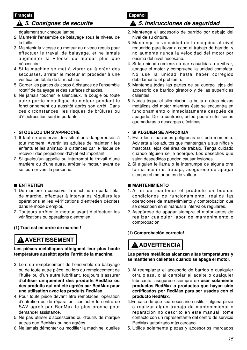 Avertissement | Zenoah RMSZ2601-CA User Manual | Page 15 / 64