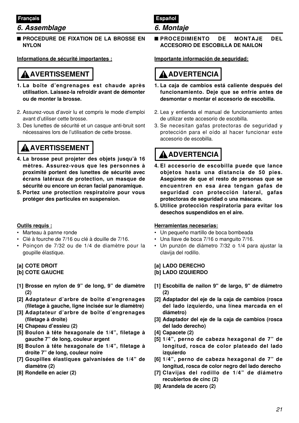 Assemblage 6. montaje, Avertissement, Advertencia | Zenoah RMSZ2601-CA User Manual | Page 21 / 64