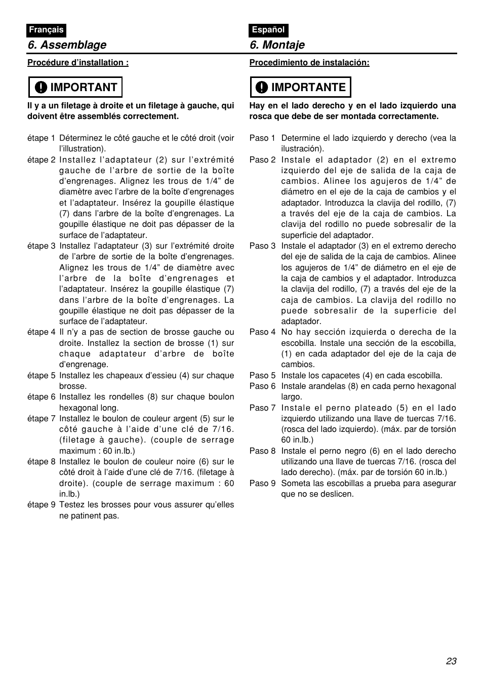 Assemblage 6. montaje, Important, Importante | Zenoah RMSZ2601-CA User Manual | Page 23 / 64