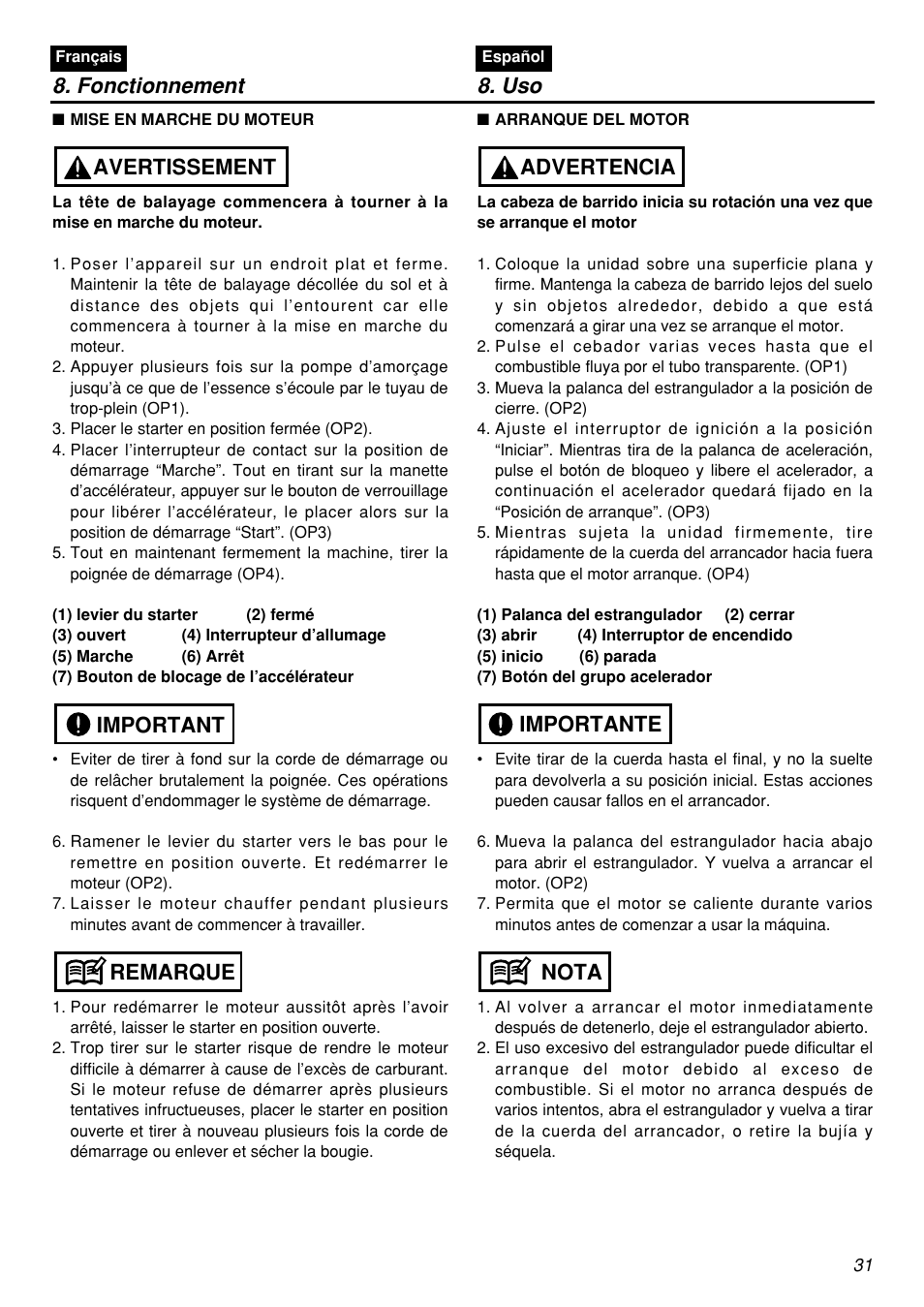 Fonctionnement 8. uso, Remarque important avertissement, Nota importante advertencia | Zenoah RMSZ2601-CA User Manual | Page 31 / 64