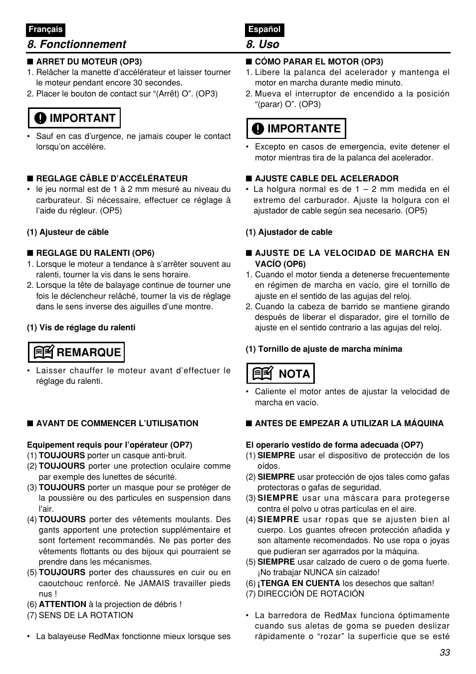 Fonctionnement 8. uso, Remarque important, Nota importante | Zenoah RMSZ2601-CA User Manual | Page 33 / 64