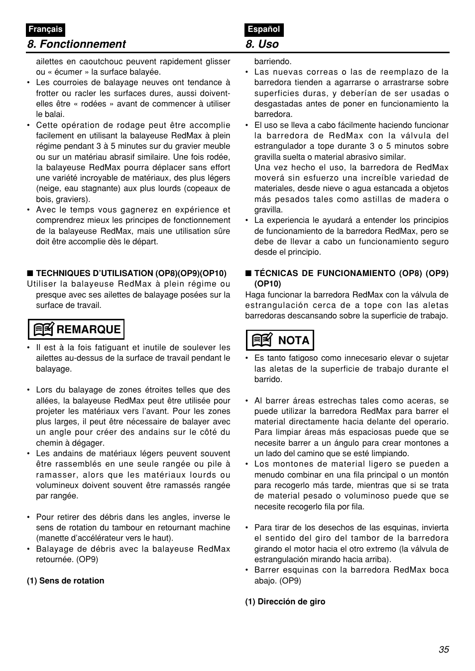 Fonctionnement 8. uso, Nota, Remarque | Zenoah RMSZ2601-CA User Manual | Page 35 / 64